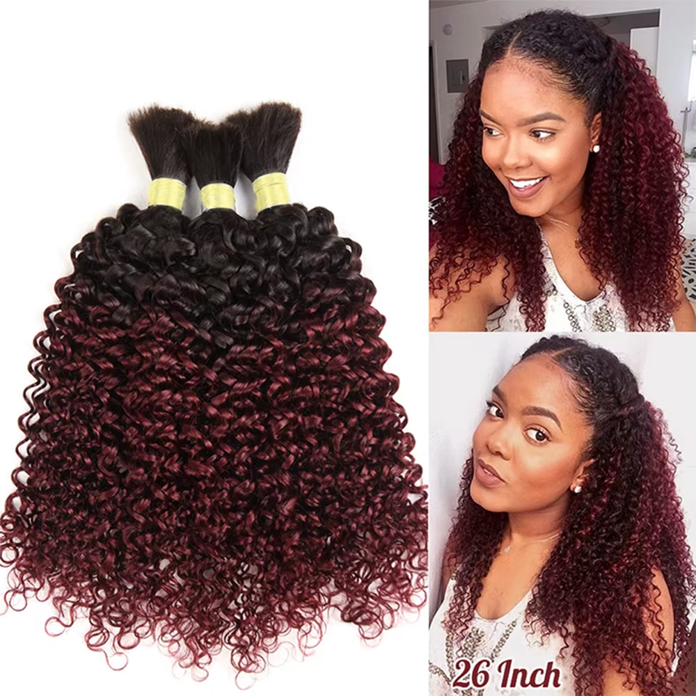 Human Braiding Hair Jerry Curl Bulk Hair Extensions 100g/Bundle Color Natural Black, Burgundy, 33#, 1B/99J