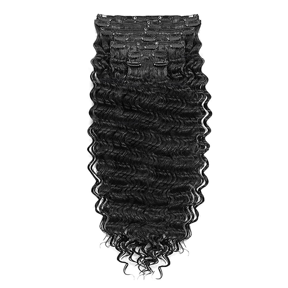 Clip in Mink Hair Extensions 100% Human Hair, 7pcs Natural Black Deep Wave – Brazilian Virgin Hair, 70-90g, Heat Styleable