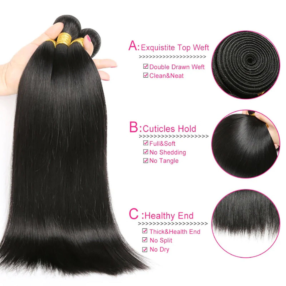 3 Bundles with 5x5 HD Lace Closure Straight 100% Virgin Human Hair