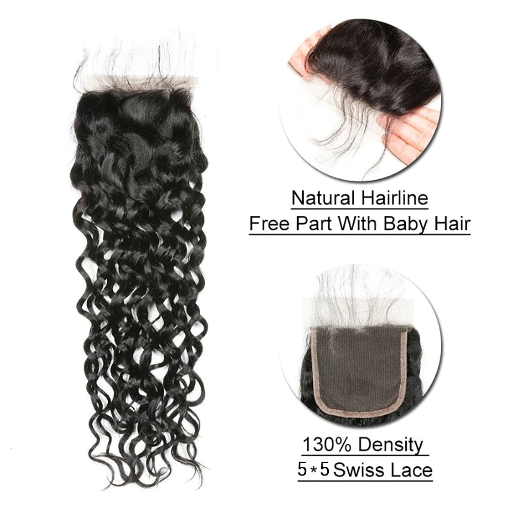 3 Bundles with 5x5 HD Lace Closure Water Wave 100% Virgin Human Hair