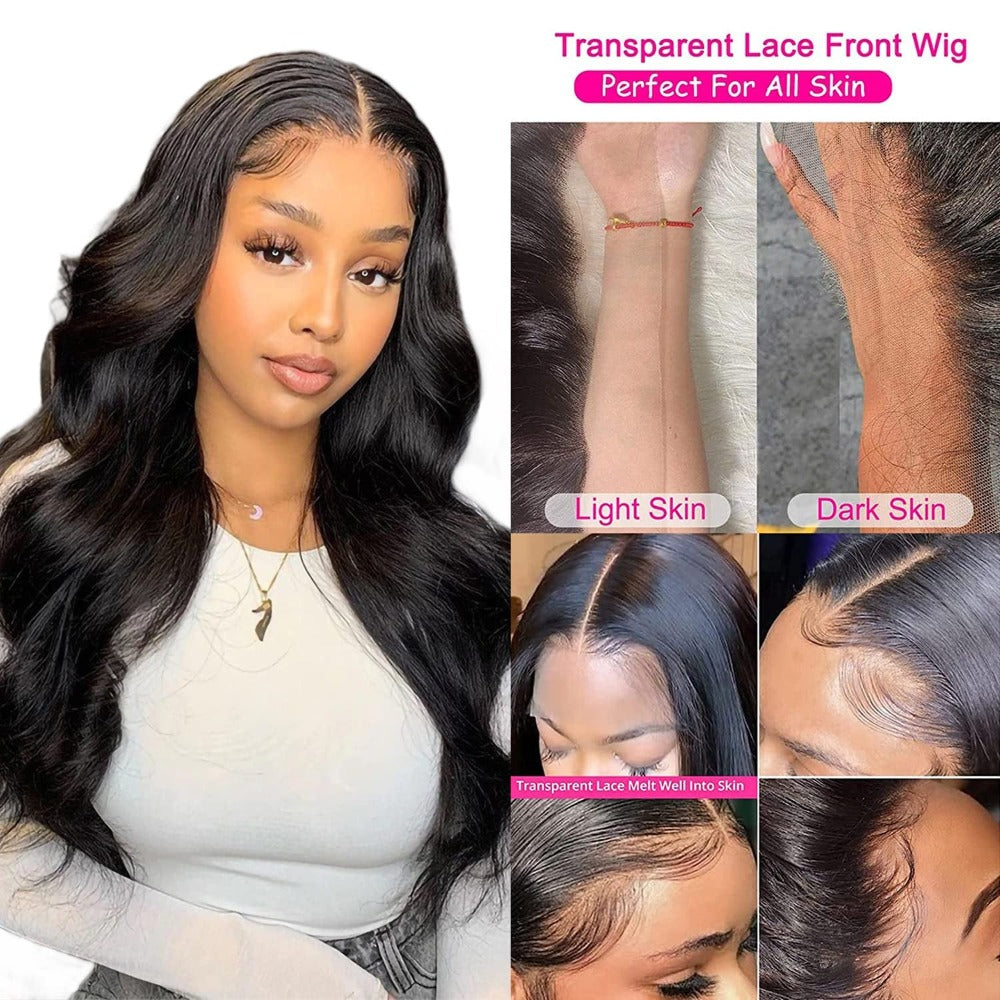 4x4 Lace wig Body Wave Transparent Lace 100% Human Hair natural black free part