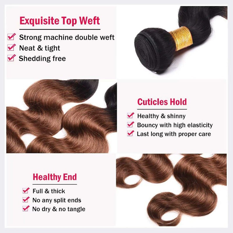 Ombre 1B/30 Body Wave 100% Human Hair Bundles | Black to Auburn Two-Tone Gradient