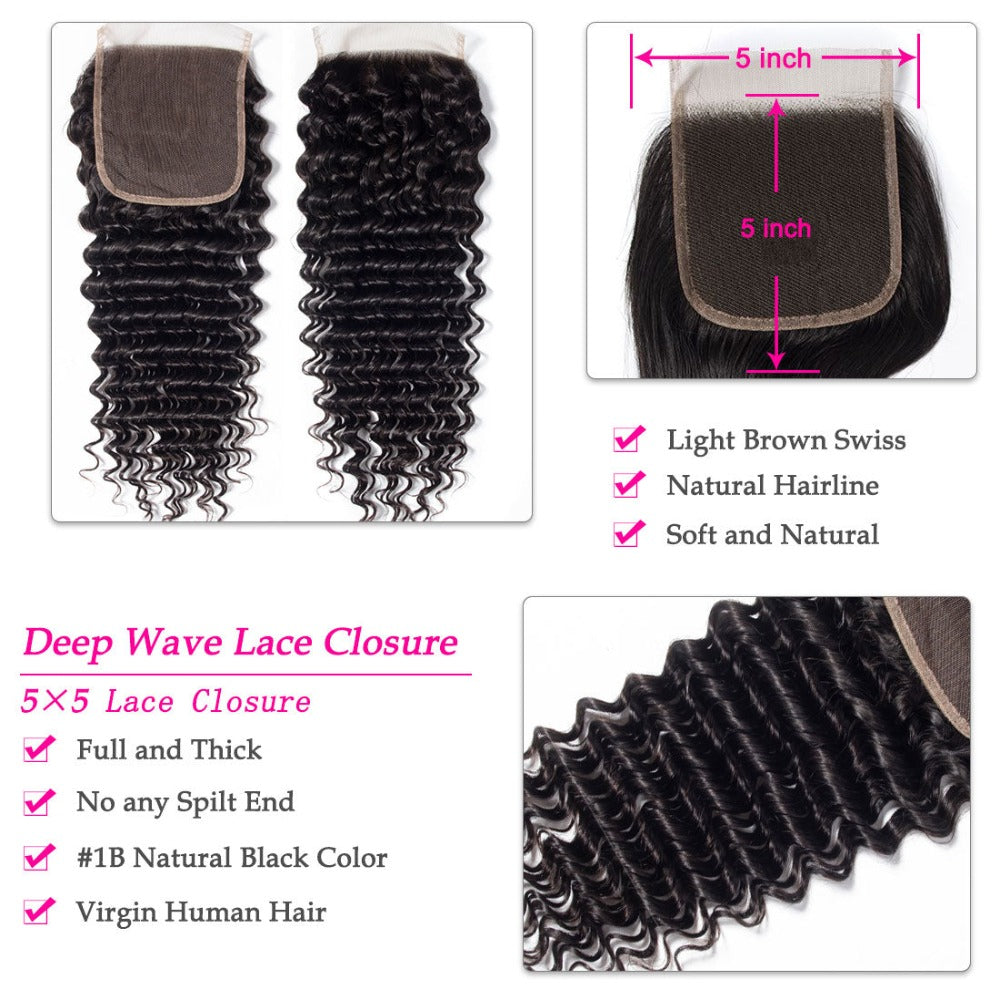 5x5 HD Lace Closure Deep Wave – Natural Black High Quality Human Hair | Pre-Plucked, Skin-Melt HD Lace