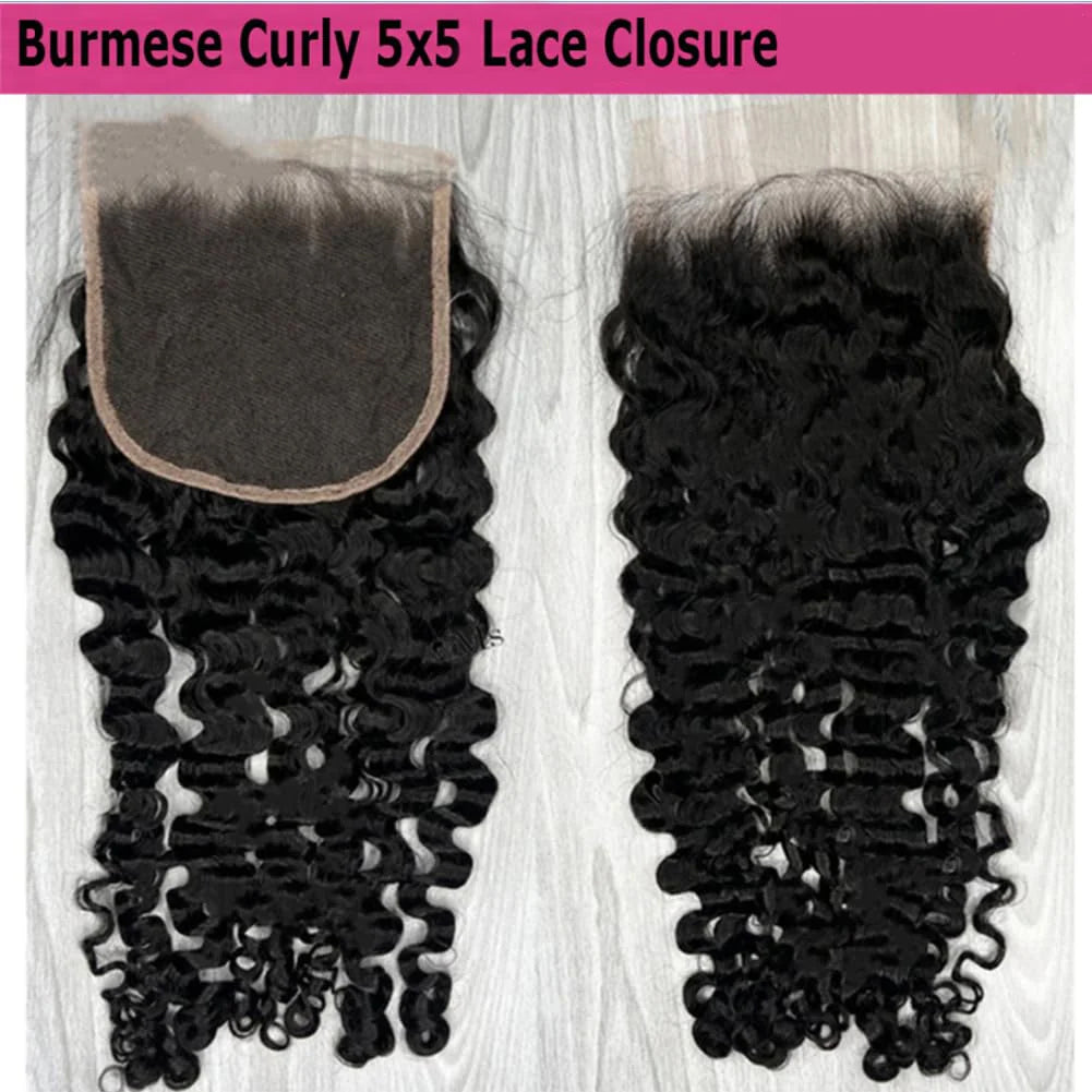 5x5 Transparent Lace Closure Burmese Curl Natural Color Human Hair | Bleached Knots, Free Part