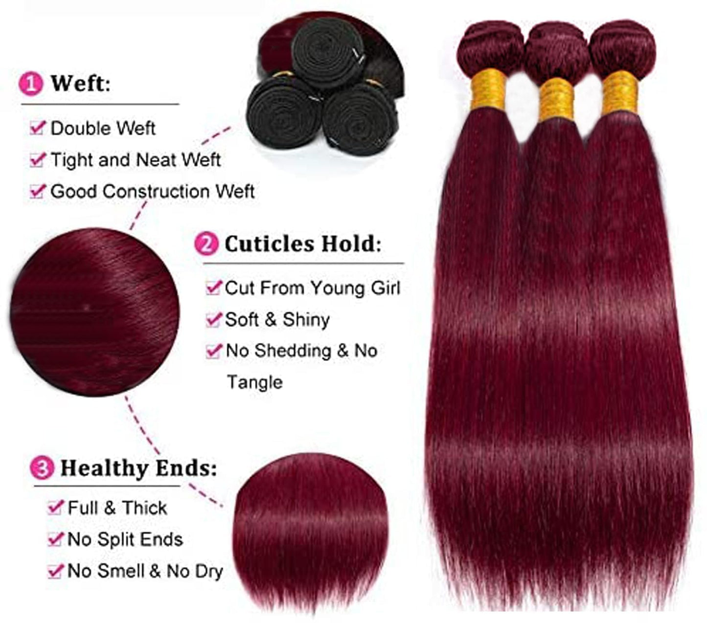 Burgundy (#99J) Straight 100% Virgin Human Hair Bundles | Bold Color & Silky Smooth | Single Donor Cuticle Intact 100g