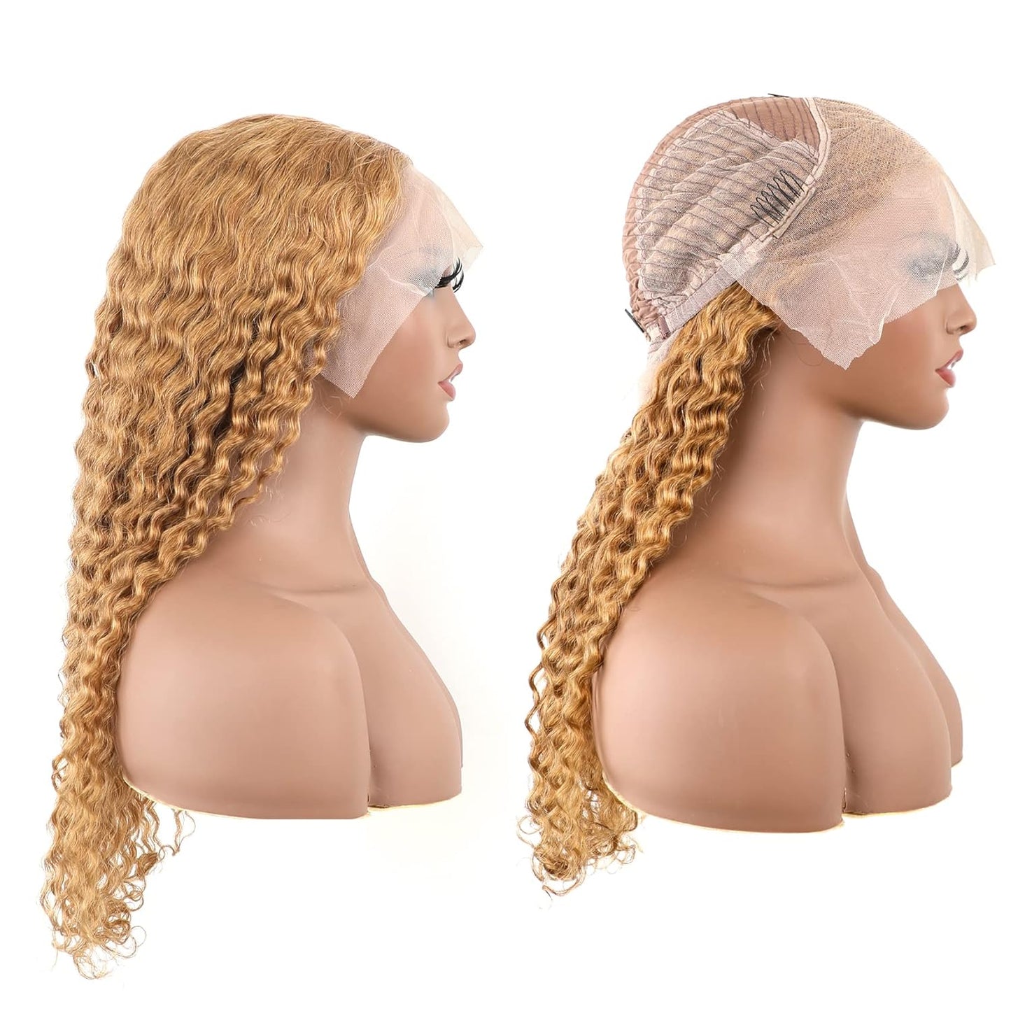 Transparent Lace 13X4 Frontal Wig Color Honey Blonde (#27) Deep Wave 200 Density 100 remy Human Hair