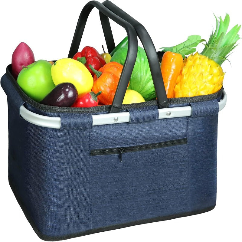 LIQING 35L Large Picnic Basket Shopping Travel Camping Grocery Bags 2 Layers of Internal Pockets Leak-Proof and Insulated Folding, Internal Support Does Not Collapse