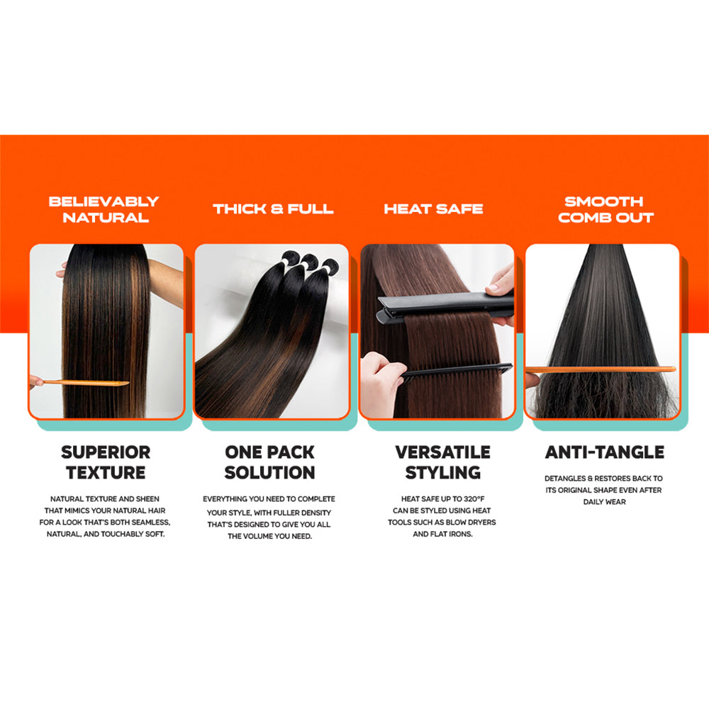Quick Weave Combo Set 3 Bundle of Straight 20 22 24 inches With Black and Brown Wig Caps and Super Bond Glue