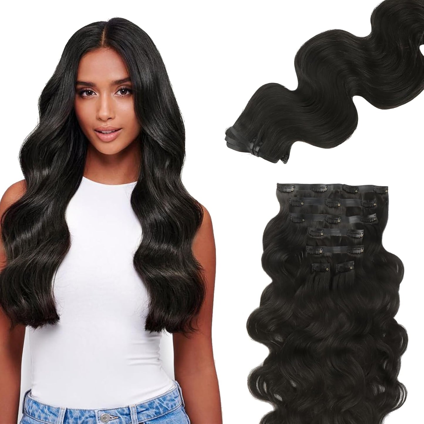 Clip In Premium Hair Extensions 100% Human Hair Raw Quality Hair Natural Black Color Straight, Body Wave, Deep Wave – Seamless Blend