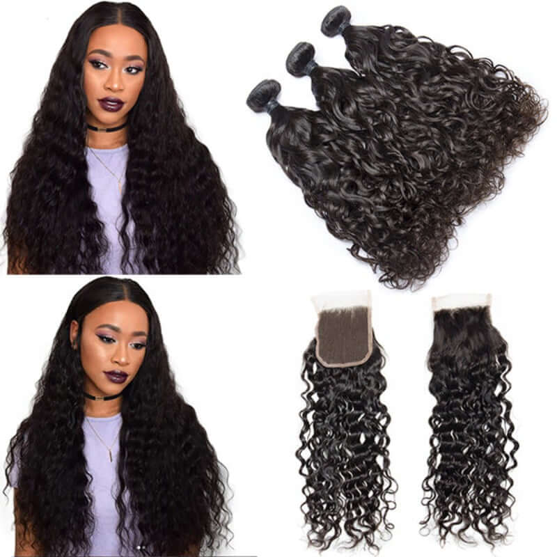 Ustar 7A Natural Black Virgin Nartual Wave Hair 3 Bundles with Frontal