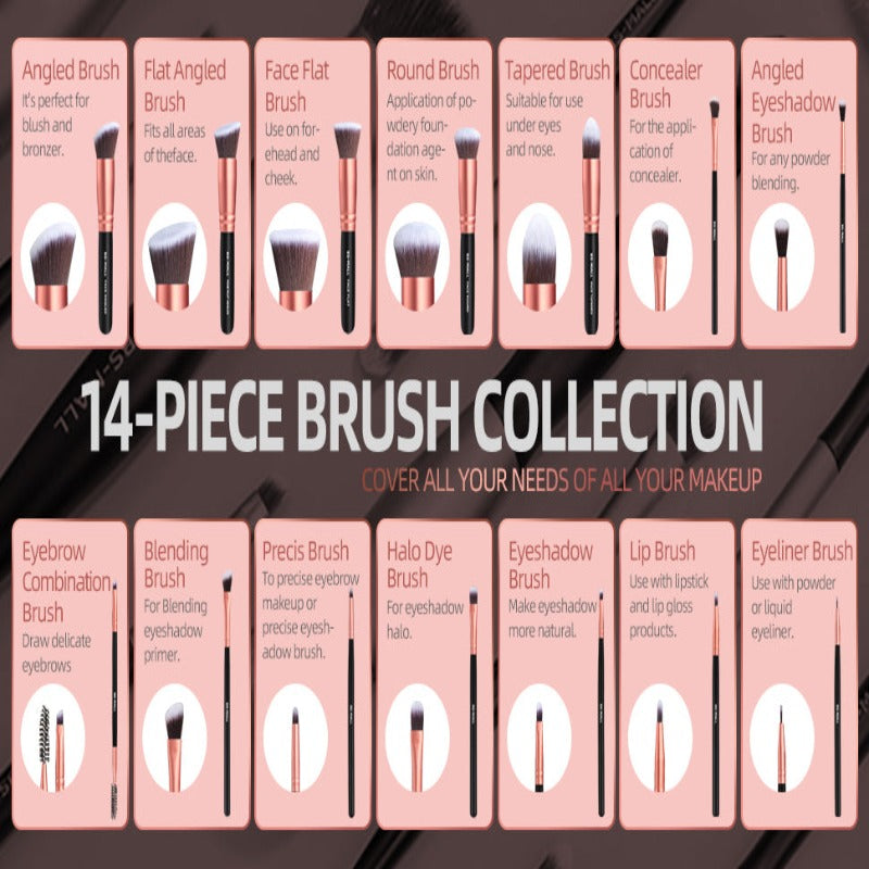 BS-MALL 14 Pcs Makeup Brushes Set Rose Golden With Case Premium Synthetic Brushes