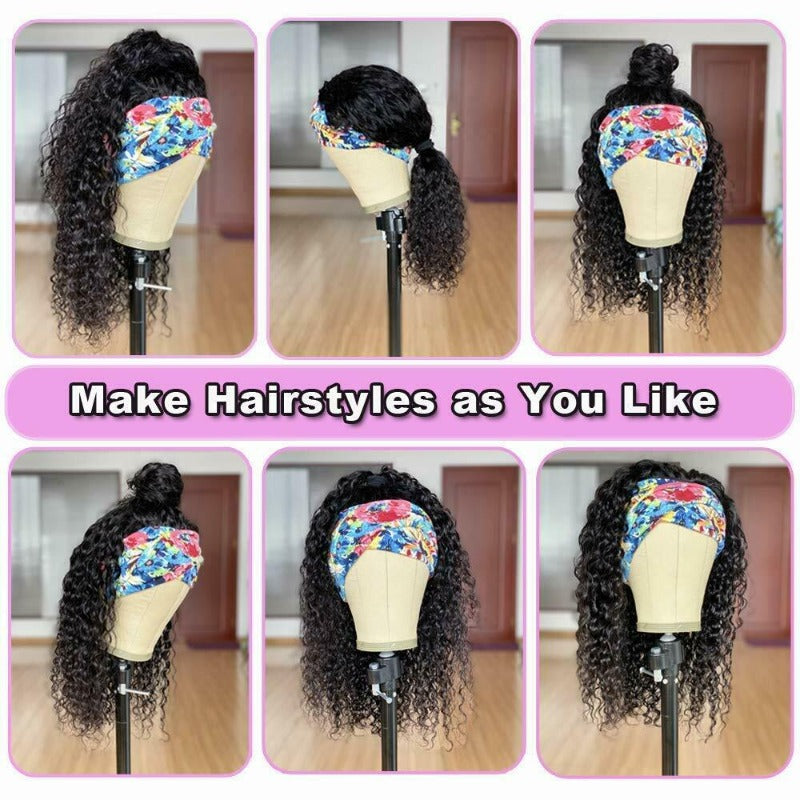 Jerry Curl Headband Wig 100% HumanVirgin Hair Natural Black With Free Weave Cap And 3 Extra Free Color Headbands