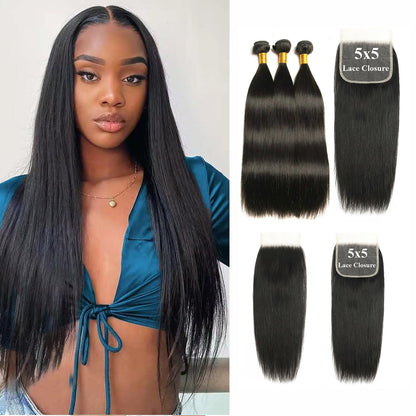 3 Bundles with 5x5 HD Lace Closure Straight 100% Virgin Human Hair