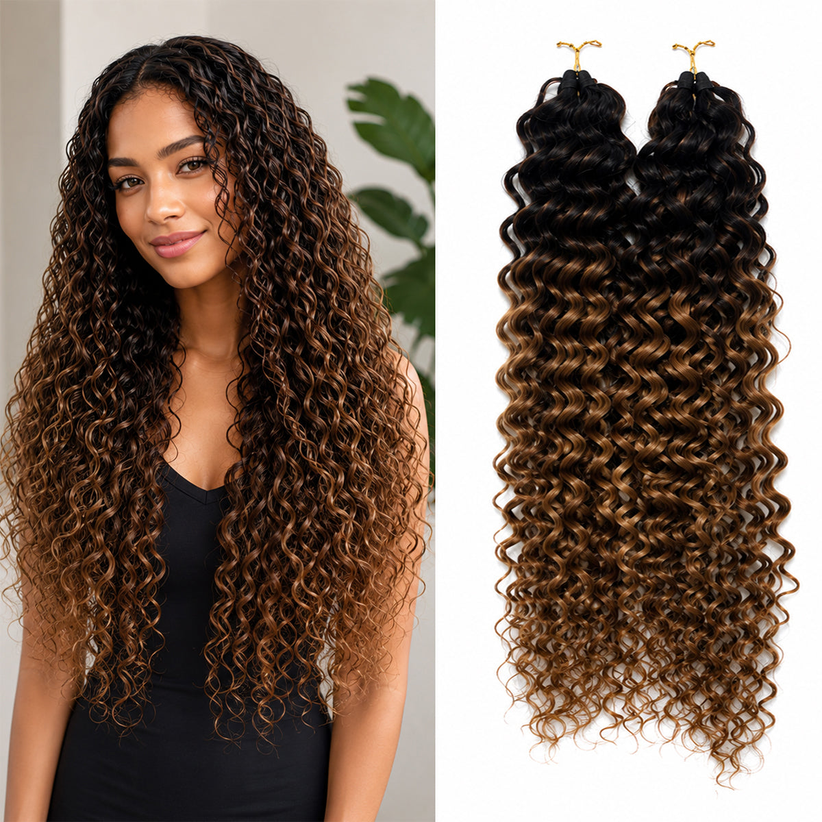 #T430 Water Wave Premium Hair Crochet 100% Human Hair - Dark Brown to Auburn Boho Braiding Hair For Miracle Knots (50g/Pack)