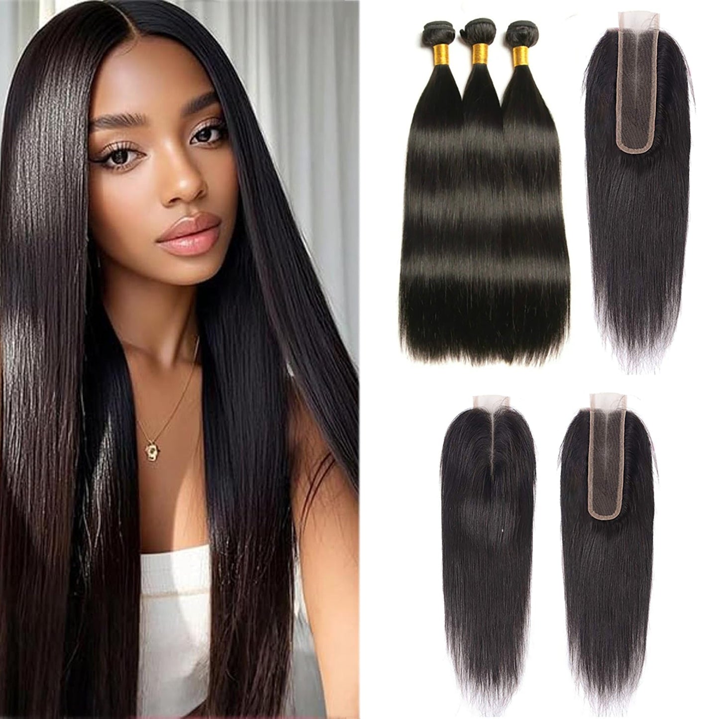3 Bundles with 2x6 HD Lace Closure Straight 100% Virgin Human Hair