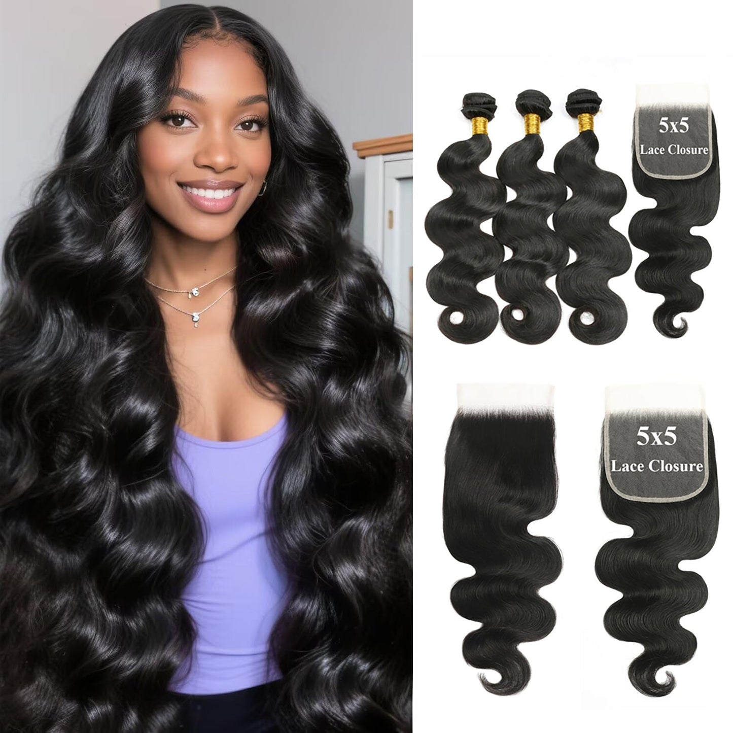 3 Bundles with 5x5 HD Lace Closure Body Wave 100% Virgin Human Hair