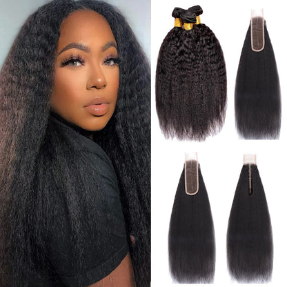 3 Bundles with 2x6 HD Lace Closure Kinky Straight 100% Virgin Human Hair
