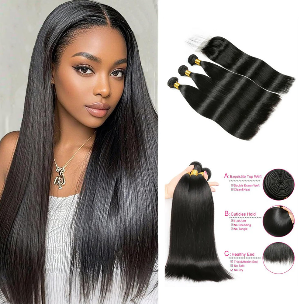3 Bundles 8"10"12" with 4x4 Lace Closure Short 100% Virgin Human Hair