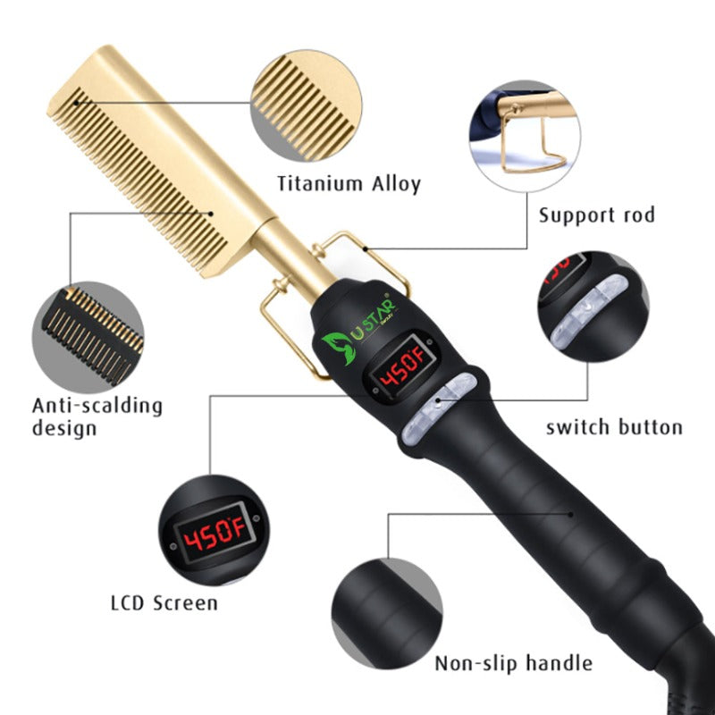 USTAR Hot Comb Hair Straightener - Electric Straightening Comb for African American Hair and Wigs - Technology Hair Straightener for Wet and Dry Hair - Quick Heated Comb for Men Long Beard