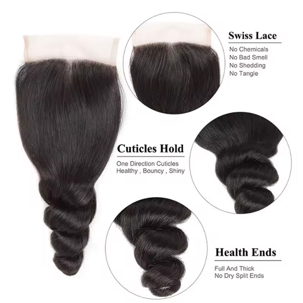 4x4 Lace Transparent Lace Closure Loose Wave Virgin Natural Human Hair | Bleached Knots, Free Part