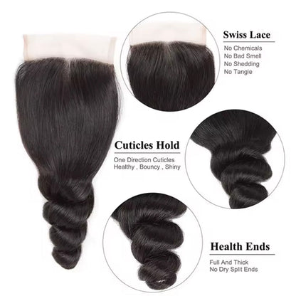 4x4 Lace Transparent Lace Closure Loose Wave Virgin Natural Human Hair | Bleached Knots, Free Part