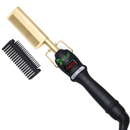 USTAR Hot Comb Hair Straightener - Electric Straightening Comb for African American Hair and Wigs - Technology Hair Straightener for Wet and Dry Hair - Quick Heated Comb for Men Long Beard