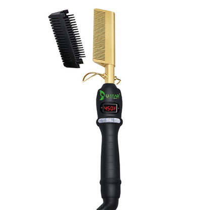 USTAR Hot Comb Hair Straightener - Electric Straightening Comb for African American Hair and Wigs - Technology Hair Straightener for Wet and Dry Hair - Quick Heated Comb for Men Long Beard