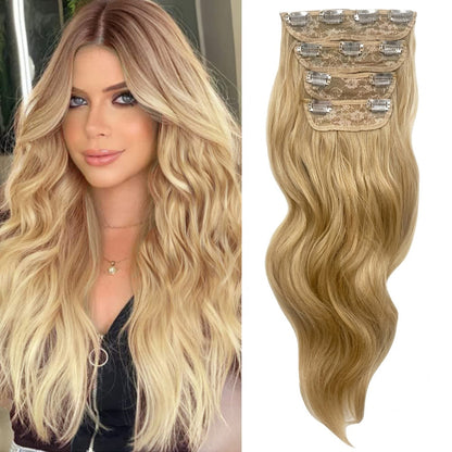 Clip in Long Wavy Synthetic Hair Extension 24 Inch 4PCS 220g Thick Hairpieces Fiber Double Weft Hair for Women – 23 Colors