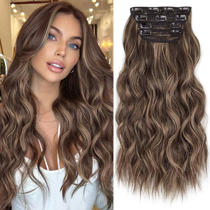 Clip in Long Wavy Synthetic Hair Extension 24 Inch 4PCS 220g Thick Hairpieces Fiber Double Weft Hair for Women – 23 Colors