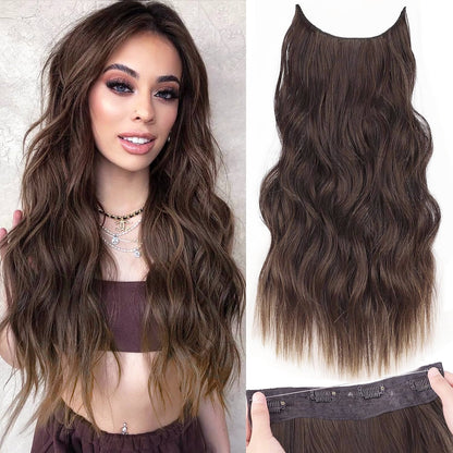 Halo Hair Extensions Invisible Wire Clip on Synthetic Wavy Hair Clip Ins 24 Inch – Lightweight, Easy Install, Natural Look
