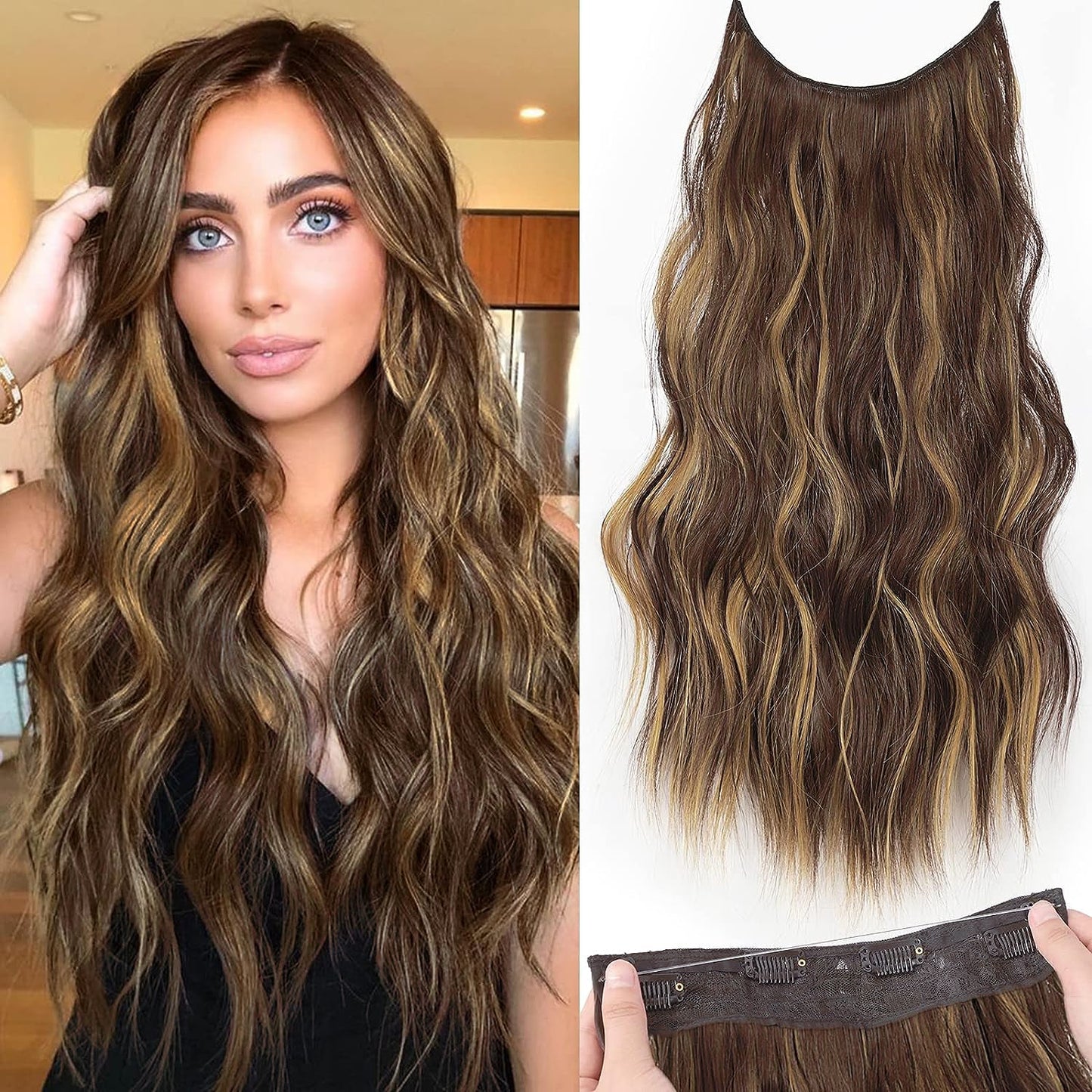 Halo Hair Extensions Invisible Wire Clip on Synthetic Wavy Hair Clip Ins 24 Inch – Lightweight, Easy Install, Natural Look