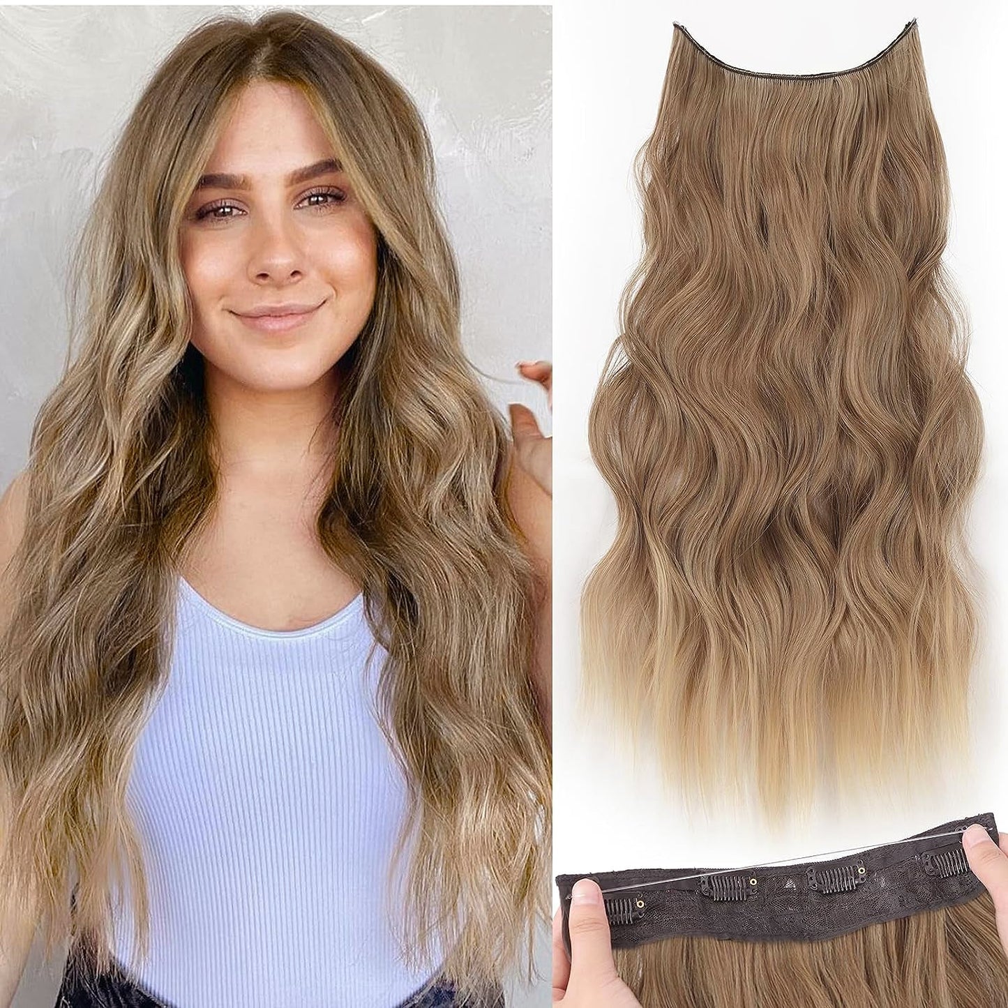 Halo Hair Extensions Invisible Wire Clip on Synthetic Wave Clip Ins Hair 20 Inch – Lightweight, Easy Install, Natural Look