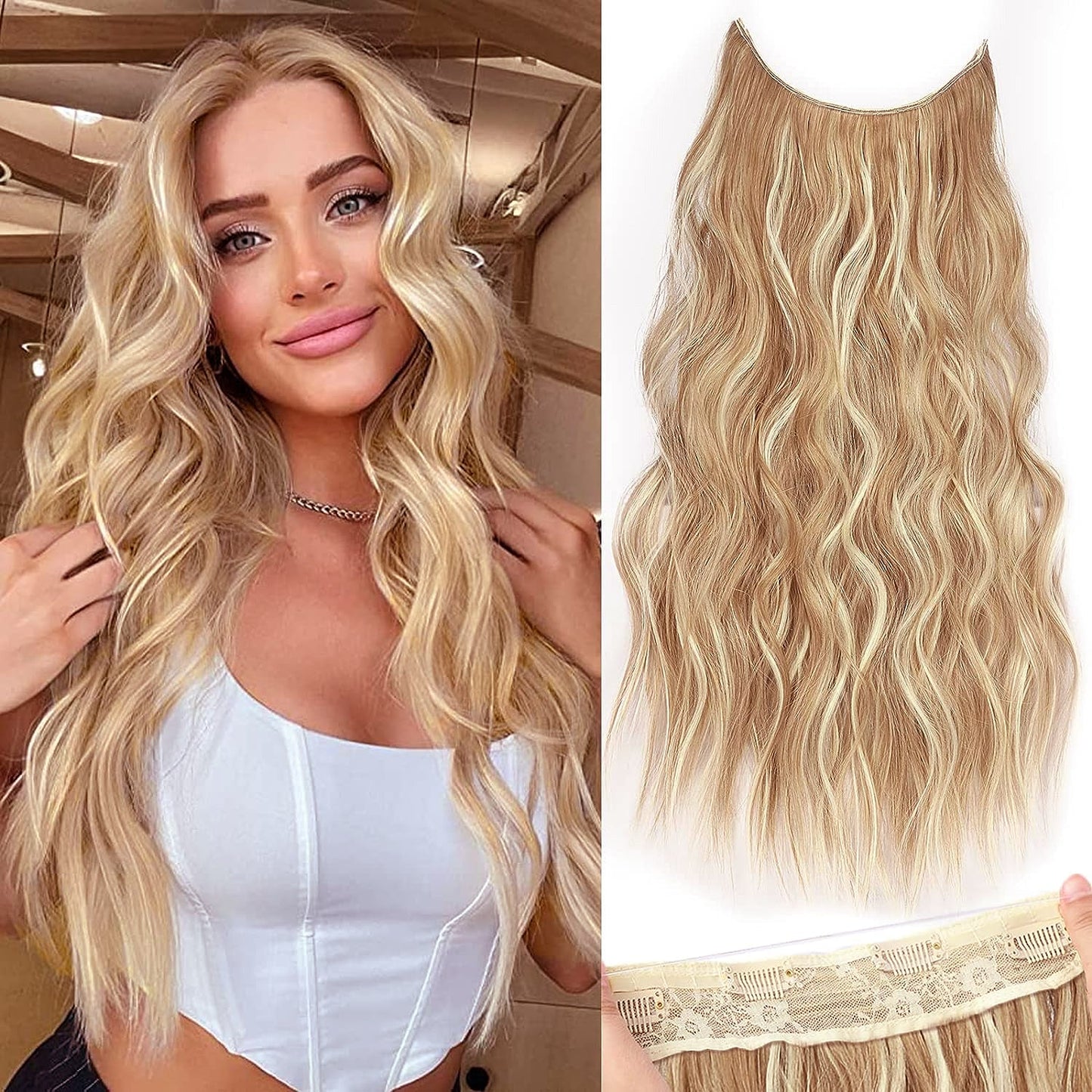 Halo Hair Extensions Invisible Wire Clip on Synthetic Wavy Hair Clip Ins 24 Inch – Lightweight, Easy Install, Natural Look