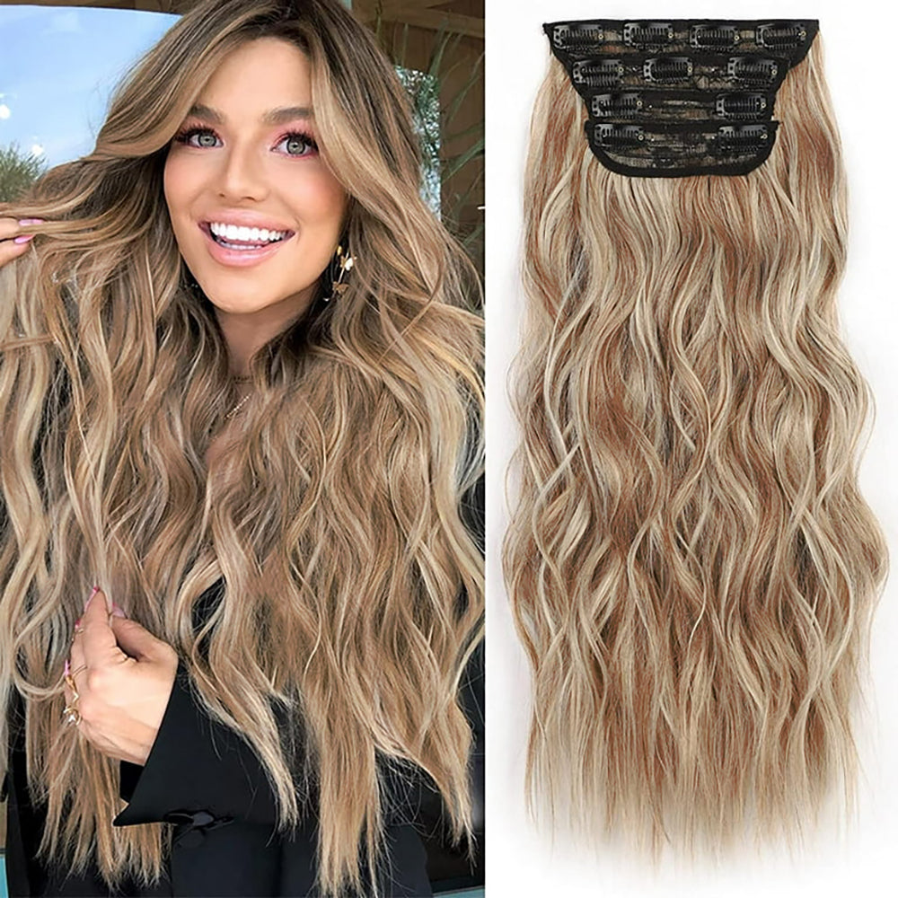 Clip in Long Wavy Synthetic Hair Extension 24 Inch 4PCS 220g Thick Hairpieces Fiber Double Weft Hair for Women – 23 Colors