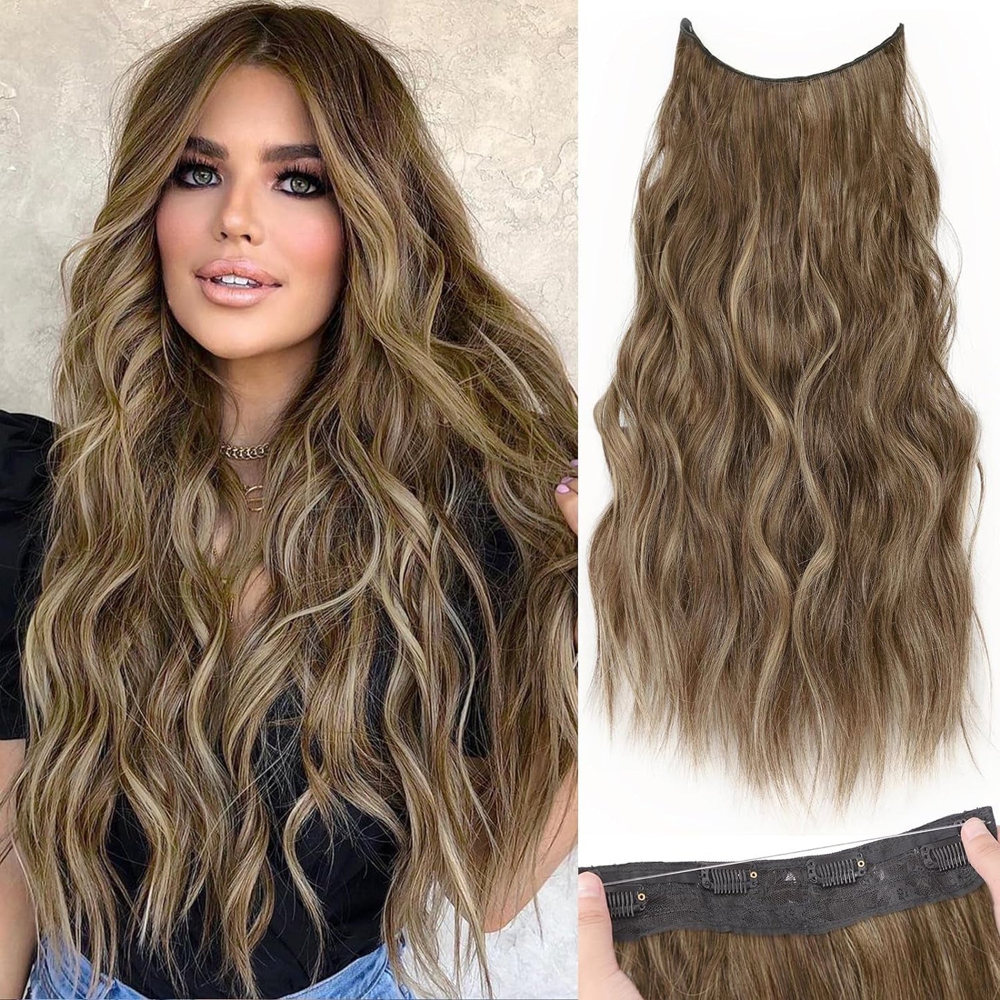 Halo Hair Extensions Invisible Wire Clip on Synthetic Wavy Hair Clip Ins 24 Inch – Lightweight, Easy Install, Natural Look