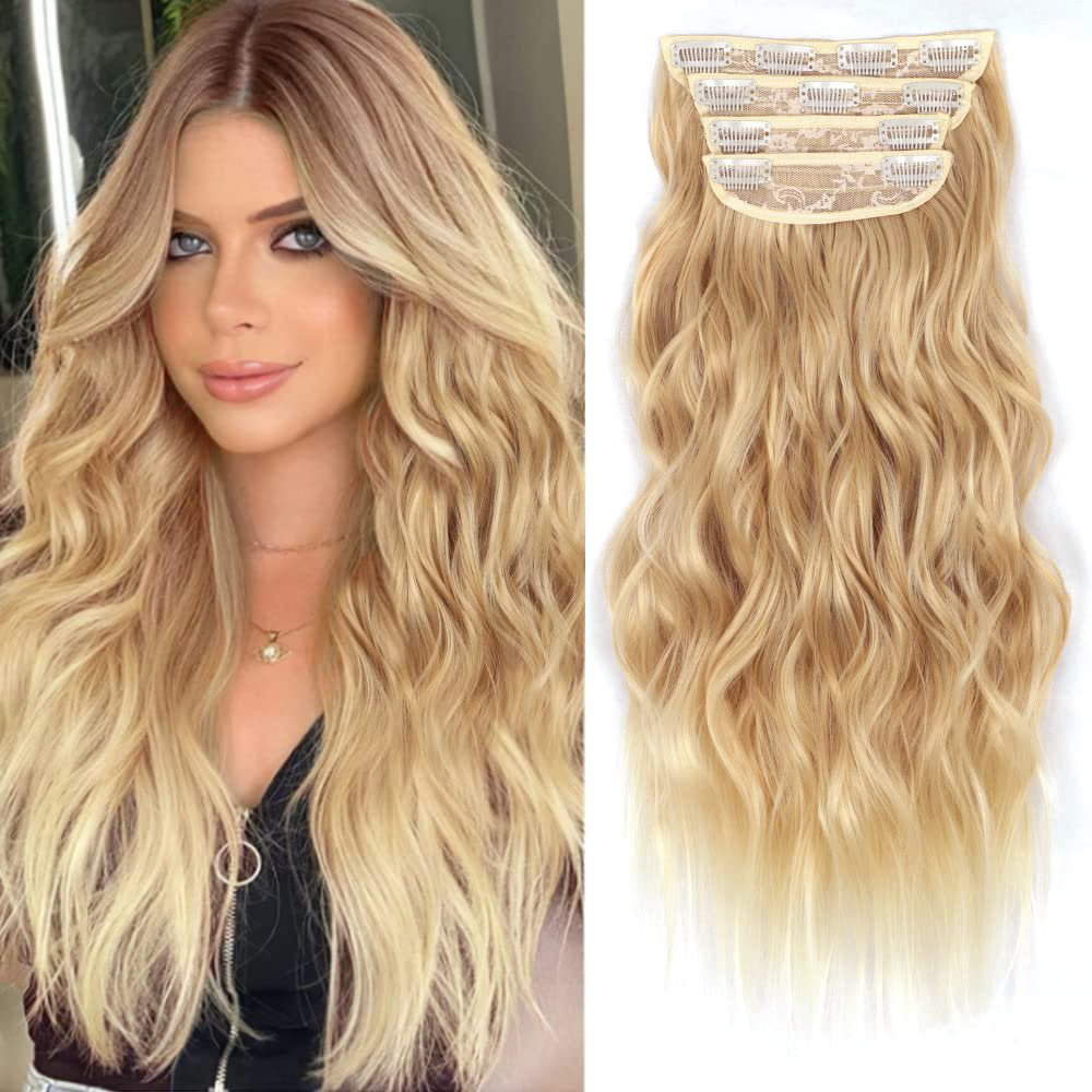 Clip in Long Wavy Synthetic Hair Extension 24 Inch 4PCS 220g Thick Hairpieces Fiber Double Weft Hair for Women – 23 Colors