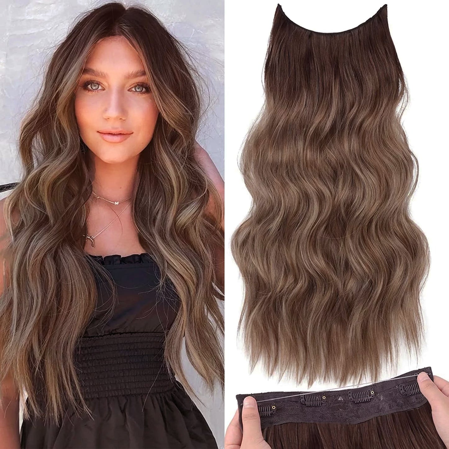 Halo Hair Extensions Invisible Wire Clip on Synthetic Wave Clip Ins Hair 20 Inch – Lightweight, Easy Install, Natural Look