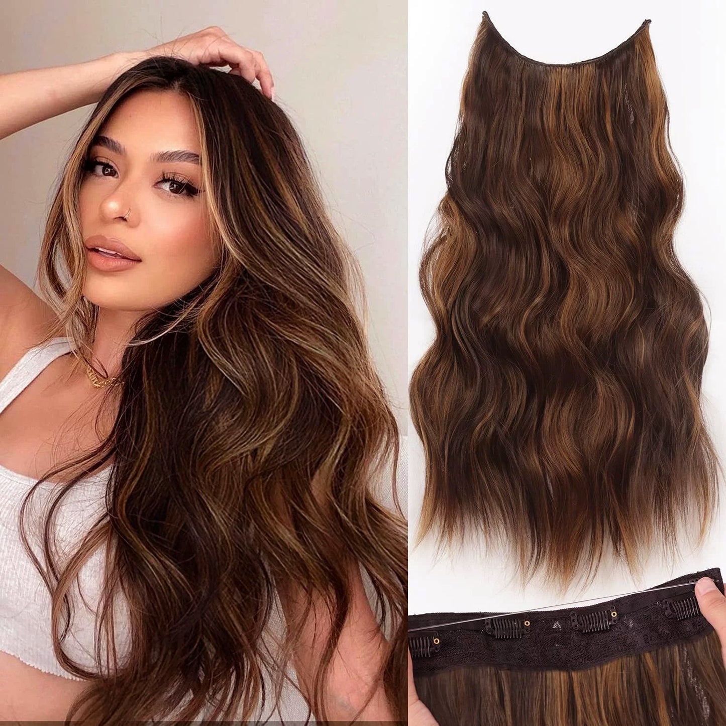 Halo Hair Extensions Invisible Wire Clip on Synthetic Wave Clip Ins Hair 20 Inch – Lightweight, Easy Install, Natural Look