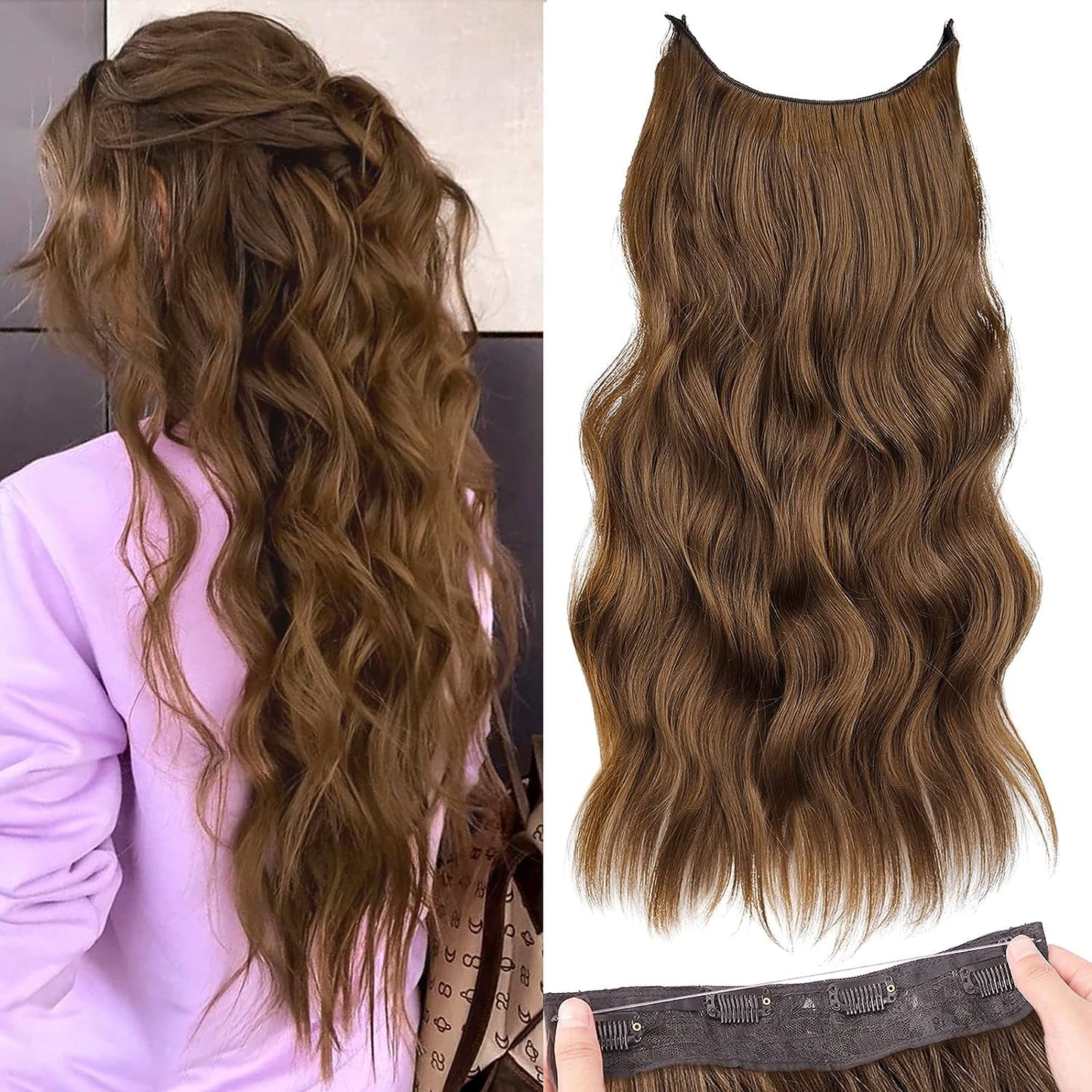 Halo Hair Extensions Invisible Wire Clip on Synthetic Wave Clip Ins Hair 20 Inch – Lightweight, Easy Install, Natural Look