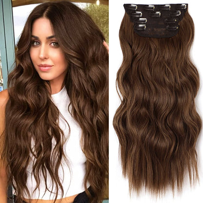 Clip in Long Wavy Synthetic Hair Extension 20 Inch 4PCS 180g Thick Hairpieces Fiber Double Weft Hair for Women – 23 Colors