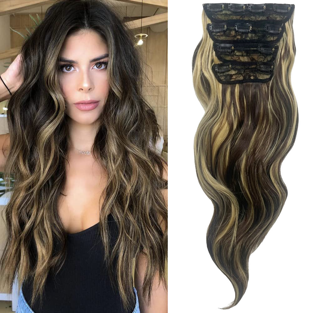 Clip in Long Wavy Synthetic Hair Extension 24 Inch 4PCS 220g Thick Hairpieces Fiber Double Weft Hair for Women – 23 Colors