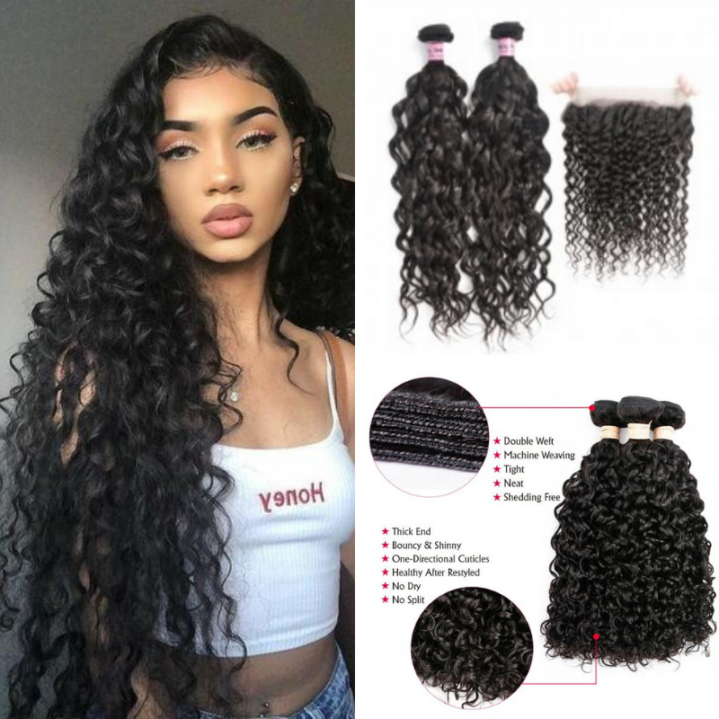 Natural Black Brazilian Virgin Human Hair Water Wave 2 Bundles