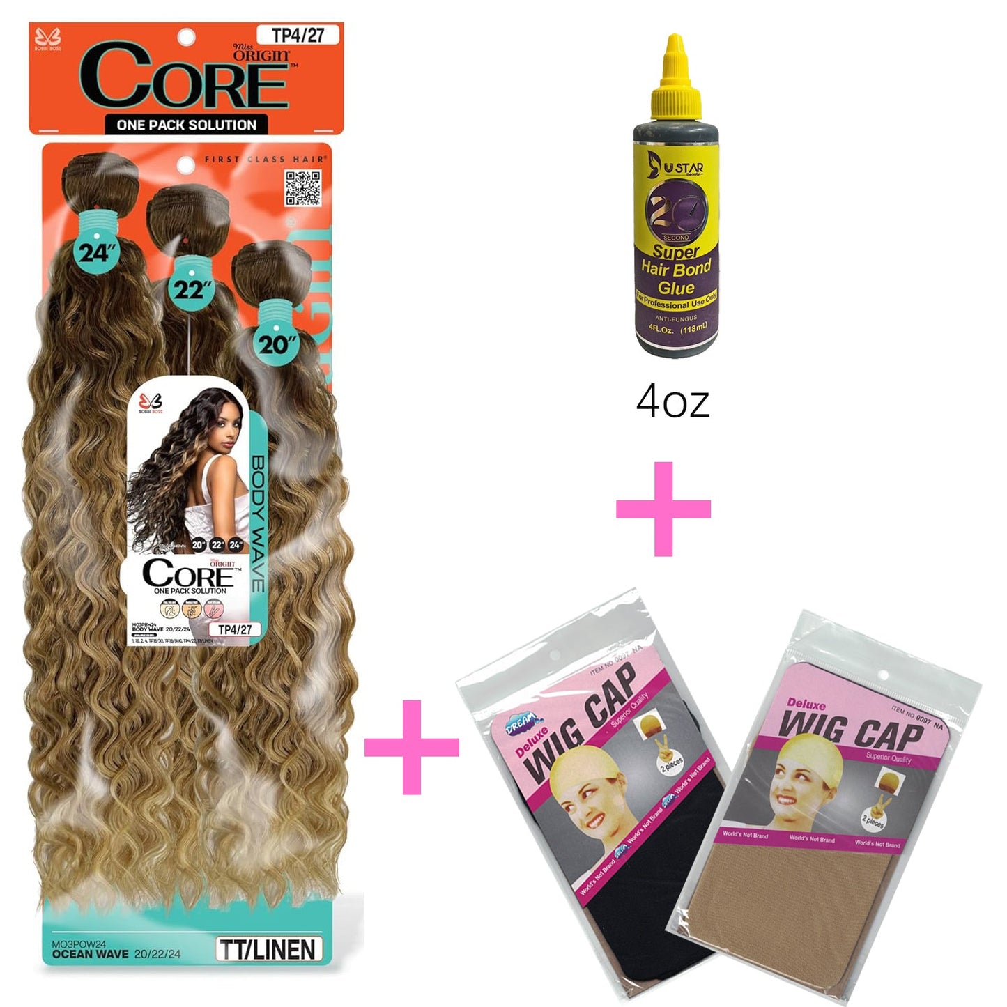 Quick Weave Combo Set 3 Bundle of Ocean Wave 20 22 24 inches With Black and Brown Wig Caps and Super Bond Glue