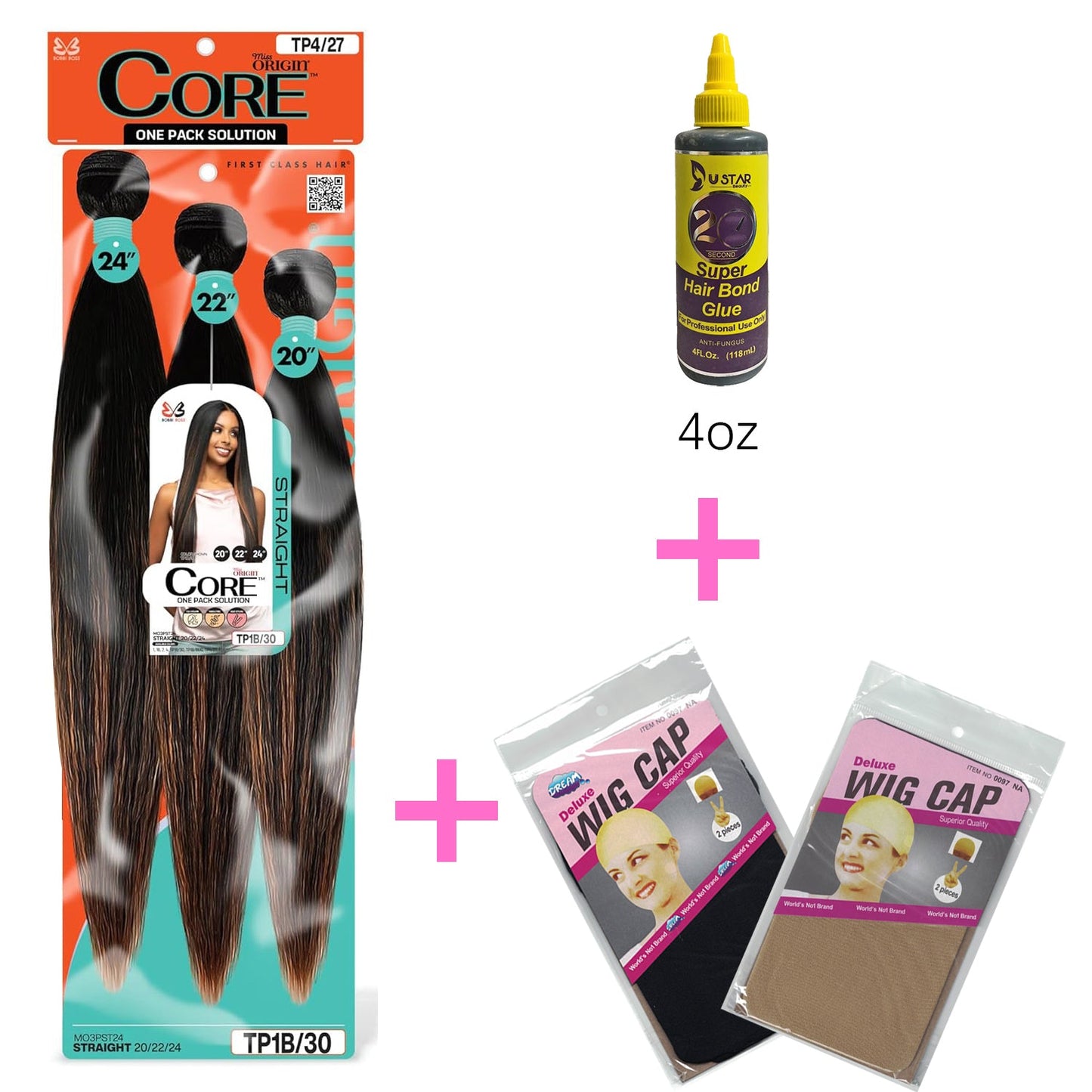 Quick Weave Combo Set 3 Bundle of Straight 20 22 24 inches With Black and Brown Wig Caps and Super Bond Glue