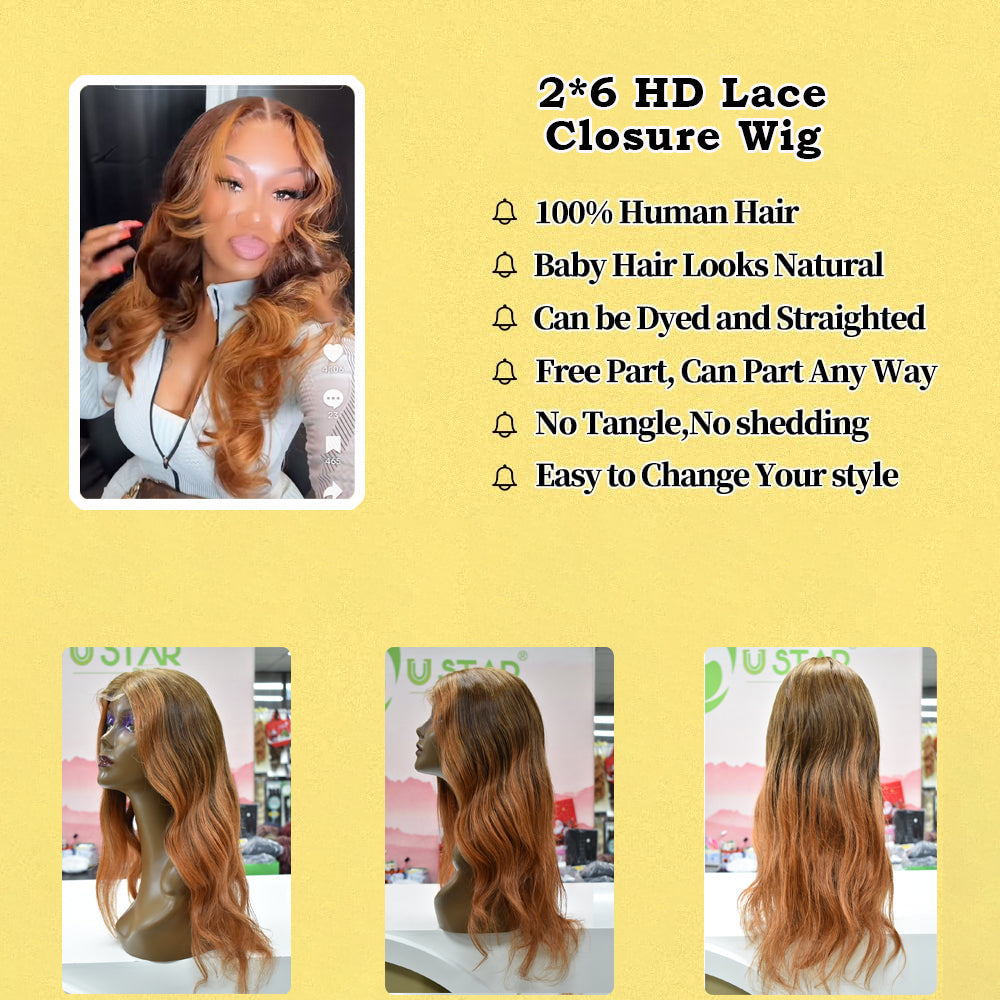 Ombre Brown Ginger Body Wave Wig – 2x6 HD Lace Closure 200% Density Human Hair