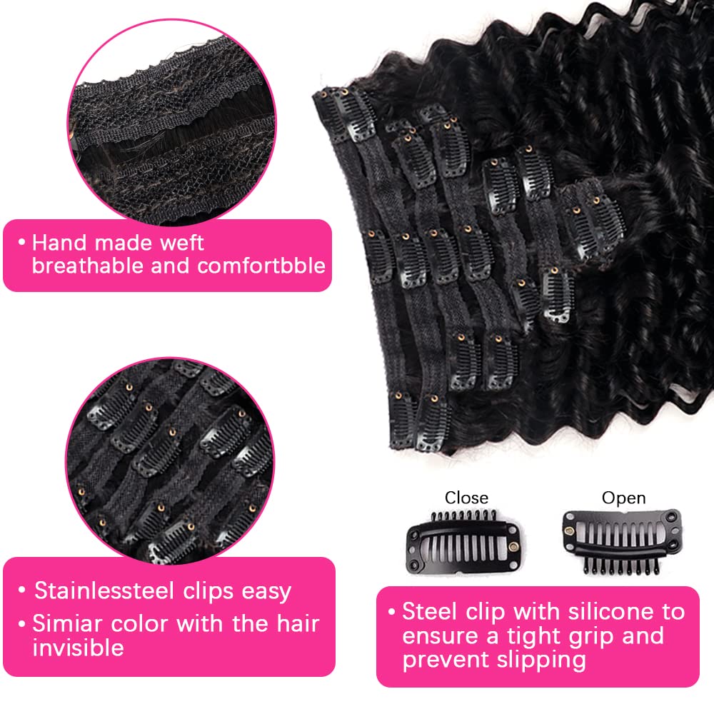 Clip in Mink Hair Extensions 100% Human Hair, 7pcs Natural Black Deep Wave – Brazilian Virgin Hair, 70-90g, Heat Styleable