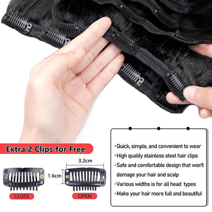 Clip in Mink Hair Extensions 100% Human Hair, 7pcs Natural Black Body Wave – Brazilian Virgin Hair, 70-90g, Heat Styleable
