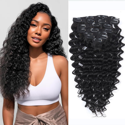 Clip In Premium Hair Extensions Deep Wave High Quality 100% Human Hair – Natural Black, Heat Styleable, Easy Clip-In