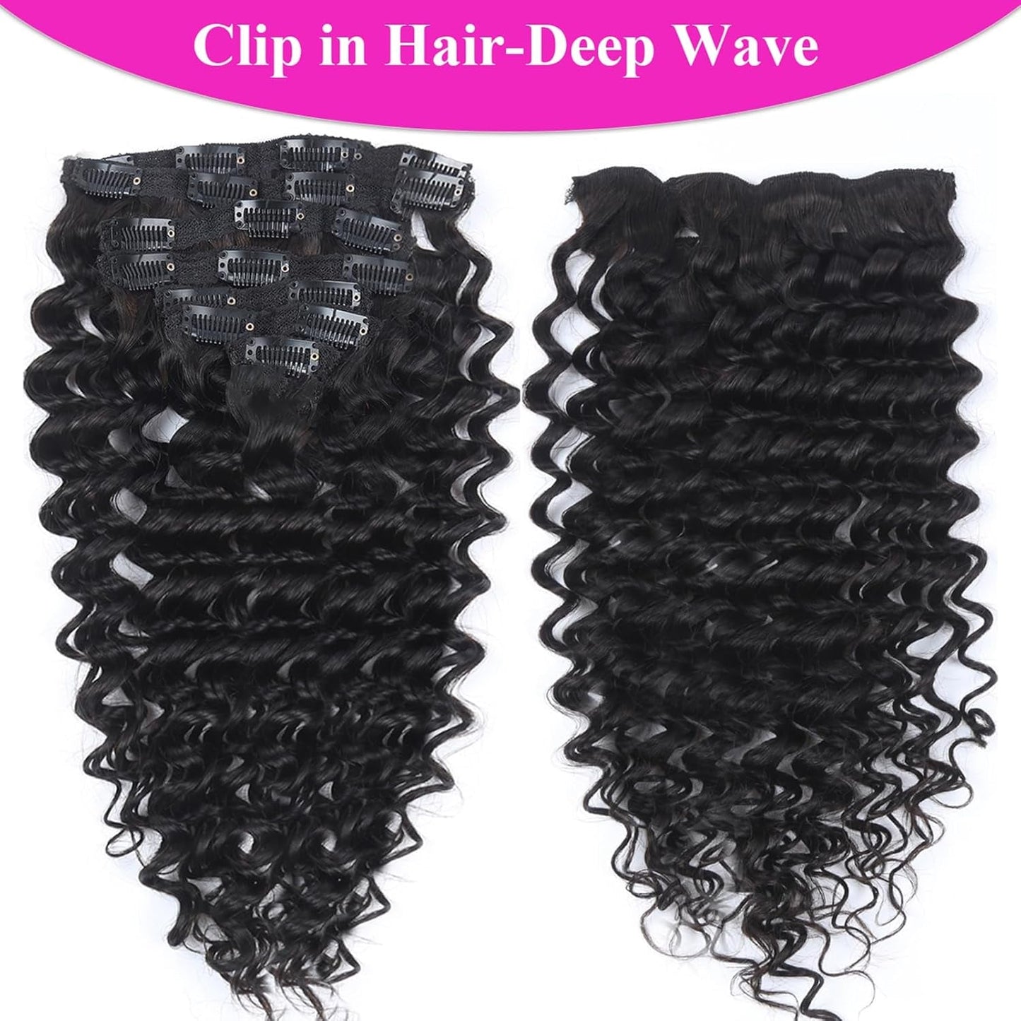 Clip In Premium Hair Extensions Deep Wave High Quality 100% Human Hair – Natural Black, Heat Styleable, Easy Clip-In
