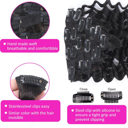Clip In Premium Hair Extensions Deep Wave High Quality 100% Human Hair – Natural Black, Heat Styleable, Easy Clip-In